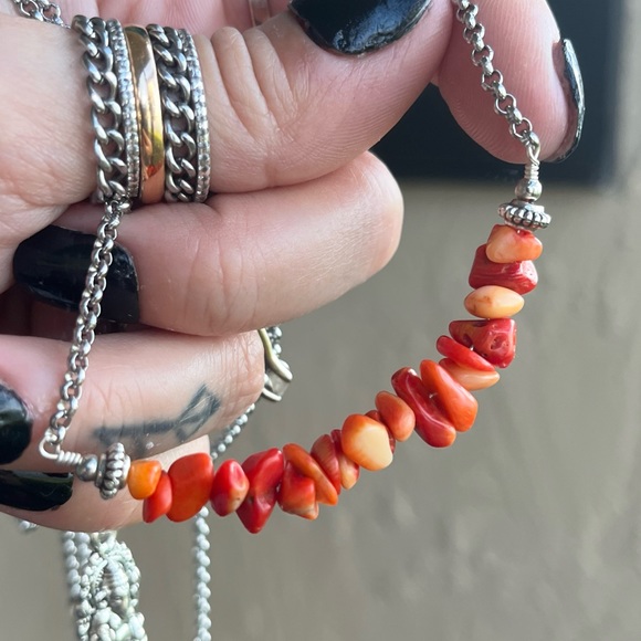 Set ! Red orange coral double layer ganesh necklace + earrings boho yoga zen gem - Picture 6 of 14